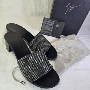 Giuseppe Zanotti Roll 40 Kandra 2” Block Heel Sparkly Slip On Mules Sandals 8.5